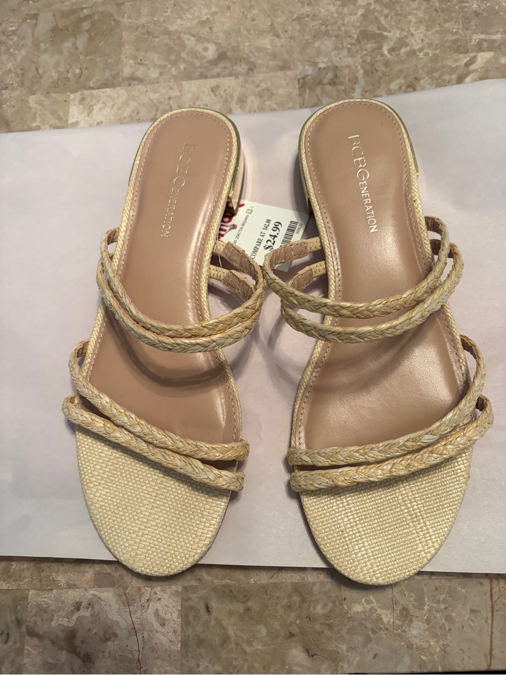 BCBGeneration Braided Triple-Strap Slide Sandals in Beige